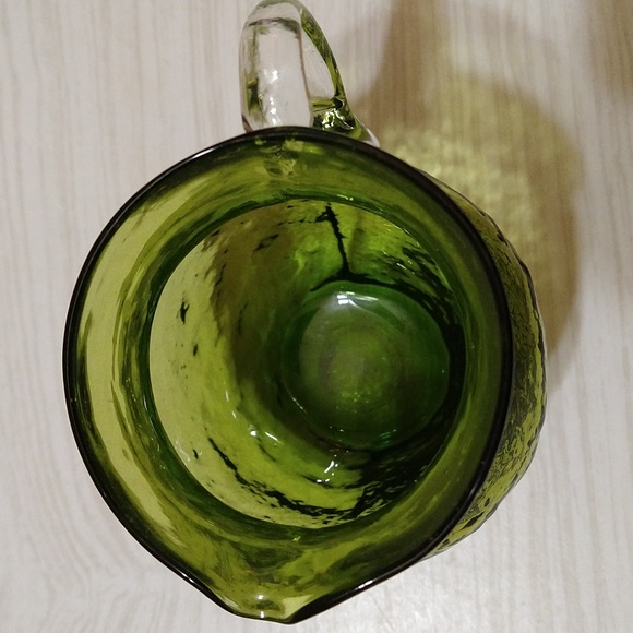 Vintage Pilgrim Glass Hand Blown Olive Green Small Glass Pitcher - Picture 2 of 3